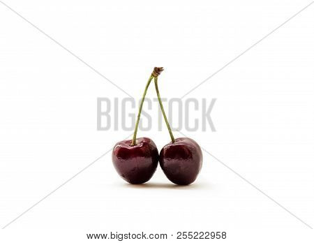 Two Shiny Sweet Cherries Isolated On White Background. Bright Summer Berries Close-up. Natural Vitam