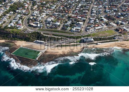 Merewether Beach And Ocean Baths Aerial View. This Beach And Surburb Are Popular Parts Of Newcastle 
