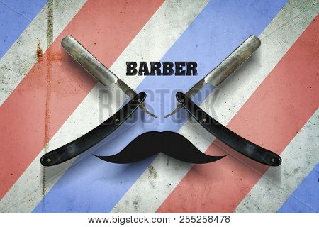 Hairdressing Razor On A Multi-colored Concrete Background. Inscription Barber. Professions. The Conc