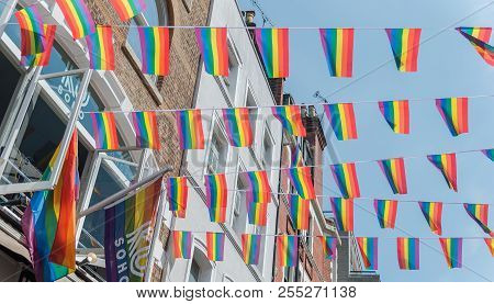 London - 7/7/18 :
Rainbow Flags, Lgbt London Pride Parade At Soho, Frith Street