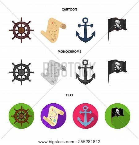 Pirate, Bandit, Rudder, Flag .pirates Set Collection Icons In Cartoon, Flat, Monochrome Style Vector