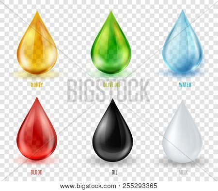 Vector Set  Transparent Drops Of Various Most Common Liquid Subs
