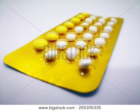 Medication And Healthcare Concept. Oral Contraceptive Drug. 21 White Pills Consist Of Ethinyl Estrad
