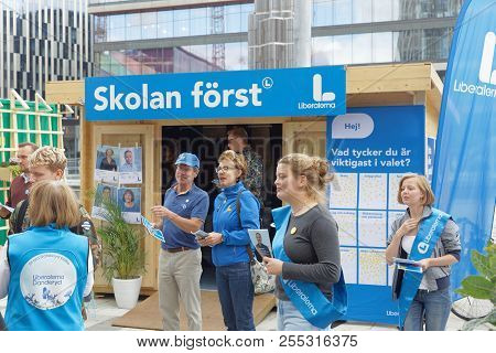 Stockholm, Sweden - Aug 26, 2018: Political Partys At Their Polling Huts Trying To Get Votes During 