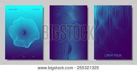 Blue Abstract Covers With Movement Effect. Wave Striped Backgrounds. Geometric Templates Set With Fl