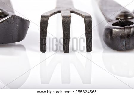Bonsai Tools Set Isolated On White. Concave Cutter, Concave Pruner, And Rake.