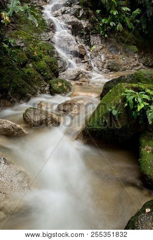 Flowing Water At Pimipilala Falls In Tena, Ecuador.