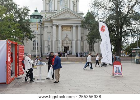 Stockholm, Sweden - Aug 26, 2018: Political Partys At Their Polling Huts Trying To Get Votes During 