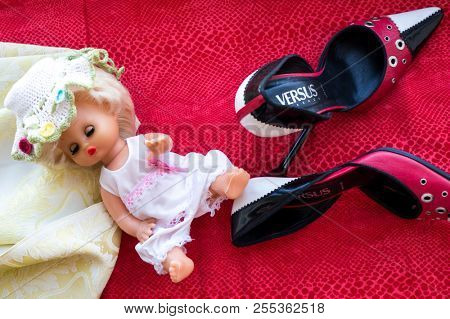 GOMEL, BELARUS - AUGUST 16, 2018: Versus (Versace) women's shoes. Versus (Versace) is the diffusion line of Italian luxury fashion house Versace.
