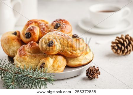 Traditional Swedish Christmas Saffron Buns (lussebulle Or Lussekatt). Swedish Christmas. White Backg