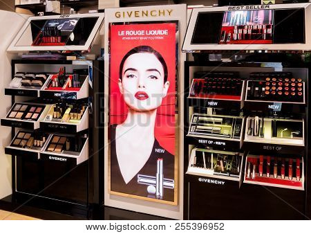 London, Uk - August 31, 2018: Givenchy Perfume And Cosmetic Collection In The Duty Free Store Airpor