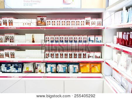 London, Uk - August 31, 2018:clarins Perfume And Cosmetic Makeup Luxury Collection In Boutique Store