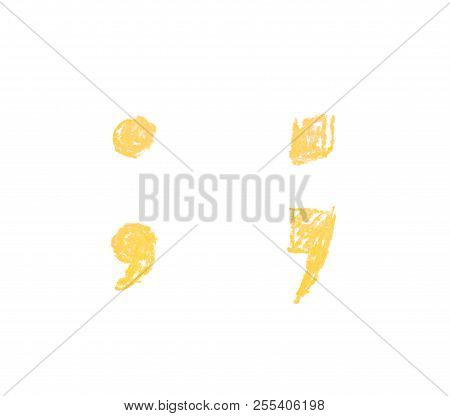 Hand Drawn With The Colorful Chalks Semicolon Symbol Isolated Over The White Background, Set Of Two 