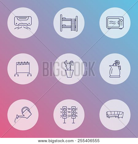 Interior Icons Line Style Set With Clothing Rock, Air Conditioner, Double Decker Bed And Other Elect