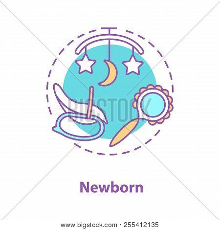 Childcare Concept Icon. Newborn Baby Equipment Idea. Thin Line Illustration. Rattle, Bed Carousel, R