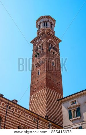 Torre Dei Lamberti In Piazza Delle Erbe, Verona, Italy. It Is Also Known As The -bell Tower-, Built 