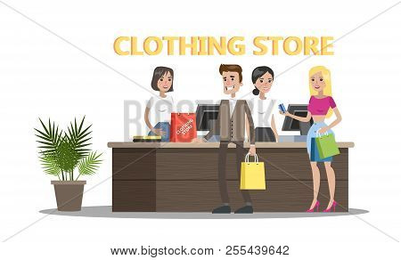 Happy People Standing At The Counter In Store