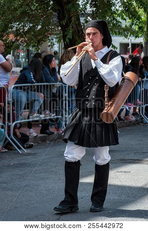 Sardinia, Italy. Feast Of The Redeemer, Musicians At The Parade Of Traditional Costumes
