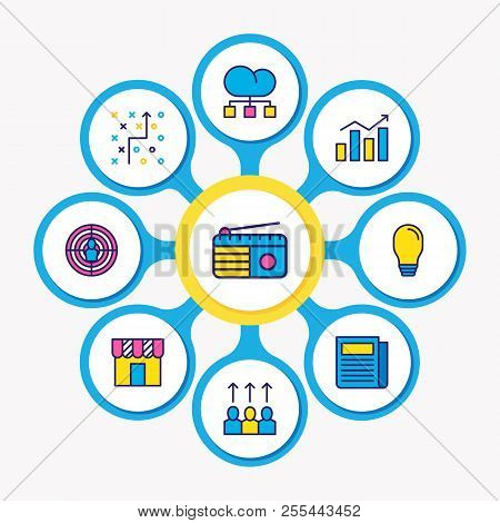 Vector Illustration Of 9 Marketing Icons Colored Line. Editable Set Of Store, Promotion, Target Audi