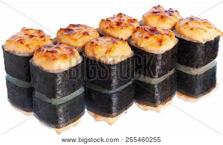 Baked Sushi On White Background With Reflection