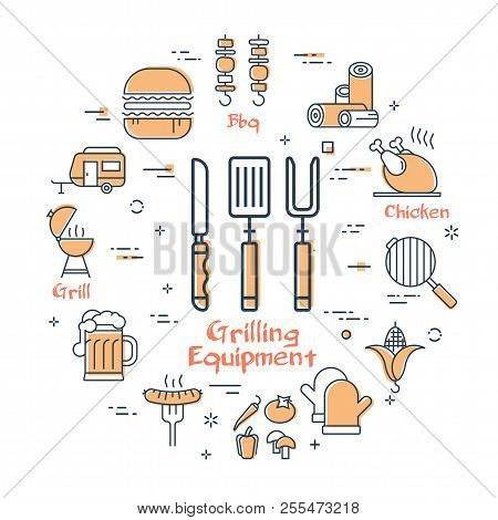 Vector Linear Yellow Round Concept Of Grilling Equipment. Various Linear Icons Of Knife, Fork, Skewe