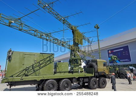 Kubinka, Russia, Aug.24, 2018: Russian Military Position-radar Station On Kamaz Truck Chassis. Radio