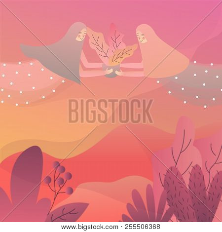 Two Young Girls Ly Holding Plant Leaf On The Field Of Garden , Illustration Art