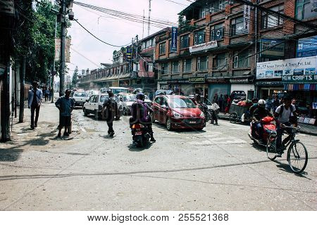 Kathmandu Nepal August 22, 2018 View Of The Nepali Traffic Jam At Thamel Street In Kathmandu In The 