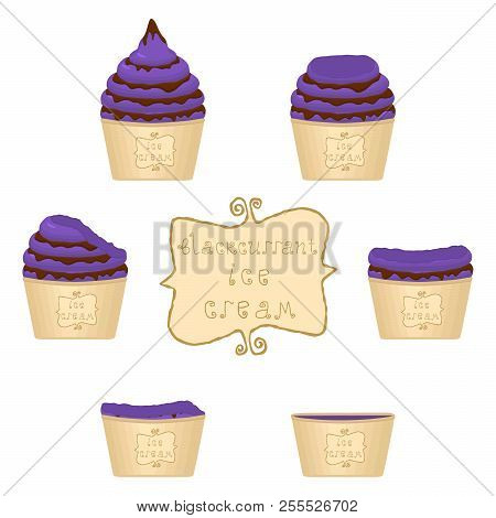 Vector Illustration For Natural Blackcurrant Ice Cream On Paper Cup. Ice Cream Pattern Consisting Of