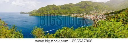 Panoramic view of Jade mountain near small town of Soufriere on St Lucia island in Caribbean