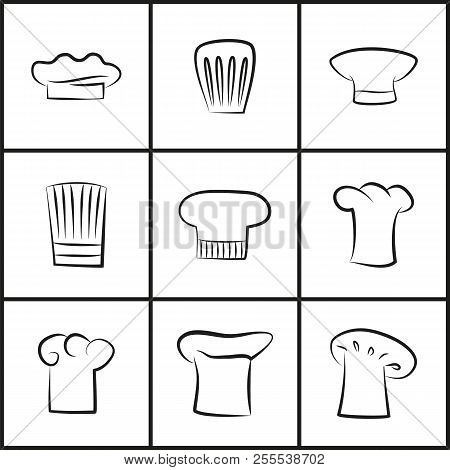 Chef Hats Of All Shapes Outline Set. Cooks Uniform Elements With Various Designs. Kitchen Worker Hea