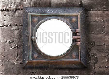 Grunge background in steampunk style. Texture of old metal with rivets and rusty frame. Mock up tempalte. Copy space for your text