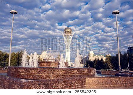 Astana City, Kazakhstan, 22 August 2018, Center Of The City, Skyscraper, View On Baiterek. Summertim