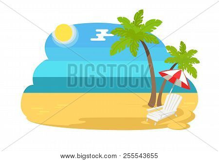 Seaview Seascape With Tropical Beach, Chaise Longue Under Striped Umbrella, Hot Summer Vector Sand, 