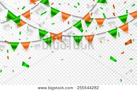 Flags Garland To St. Patrick's Day. Party Background With Flags Garland. Garlands Of Orange White Gr