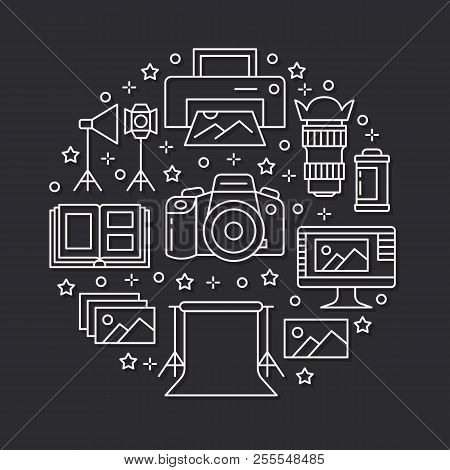 Photography Equipment Poster With Flat Line Icons. Digital Camera, Photos, Lighting, Video Cameras, 
