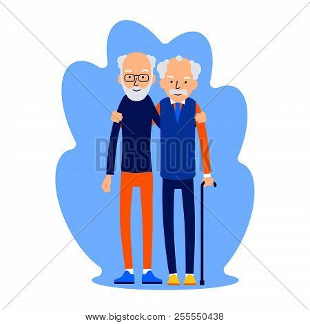 Two Men Hugging. Male Friendship. Friends Standing, Hugging Each Other. Elderly Man, Two Best Friend