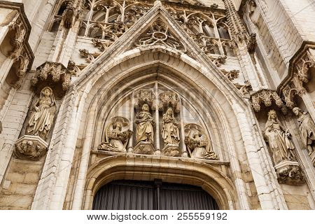The Facade Of The Cathedral Of St. Michael And St. Gudula In Brussels, Belgium.