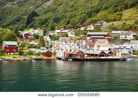 Undredal, Norway-august 16, 2014 -  Tourists And Local People At Undredal Village Port.