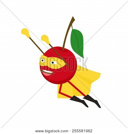 Cartoon Superhero Character Cherry Flat Design. Vector