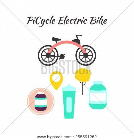 Electric Bicycle Concept Design Set Isolated On White. Special Picycle Bike, Bottle For Sport