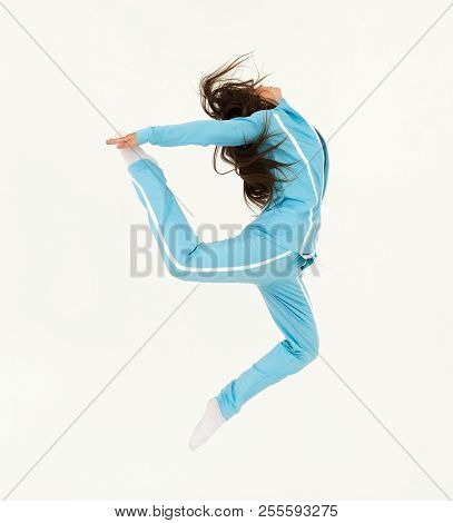 Contemporary Dance. Young Woman Dancer Dancing Contemp On White Background, Copy Space