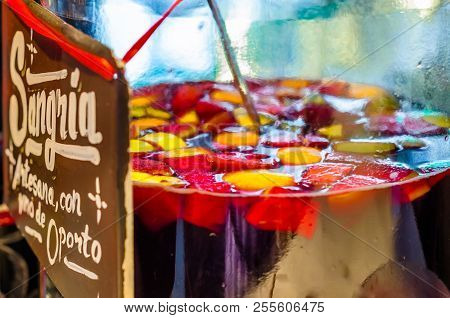 Madrid, Spain - August 27, 2017:  Artisan Port Wine Sangria Served At A Market Stand Inside The Hist