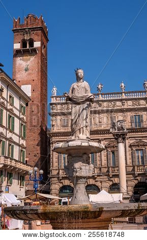 Verona, Italy - 06 May 2018: Madonna Verona Fountain On The Piazza Delle Erbe In Verona.