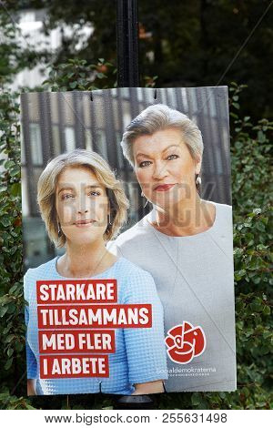 Stockholm, Sweden - Aug 27, 2018: Political Party Posters From The Left Wing Party Socialdemokratern