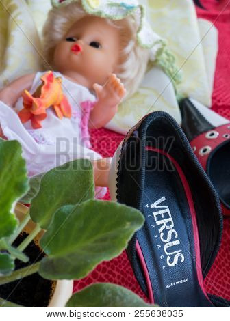 GOMEL, BELARUS - AUGUST 16, 2018: Versus (Versace) women's shoes. Versus (Versace) is the diffusion line of Italian luxury fashion house Versace.