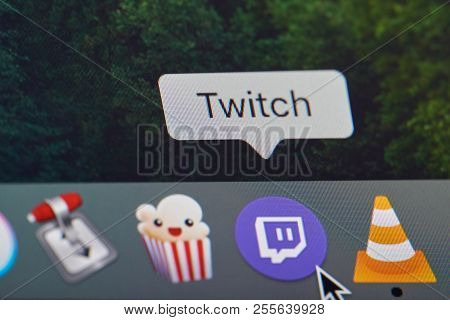 New York, Usa - August 28, 2018: Twitch Application Icon  On Computer Screen Background Close Up Vie