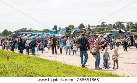 Visitors On Annual Military Exhibition Russian Army 2018 On Central Uglovoe Aerodrome.