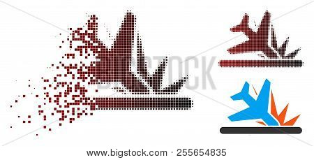 Crash Landing Icon In Dispersed, Pixelated Halftone And Undamaged Whole Versions. Cells Are Organize