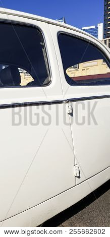 Melbourne - August 25, 2018: View Of The Doors Hinged On The Centerpost Of The Peugeot 203, 1950 Mod
